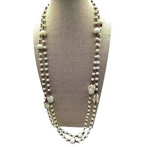 Vintage White Glass Milk Bead Necklace With Gold-Tone Accents Long N56
